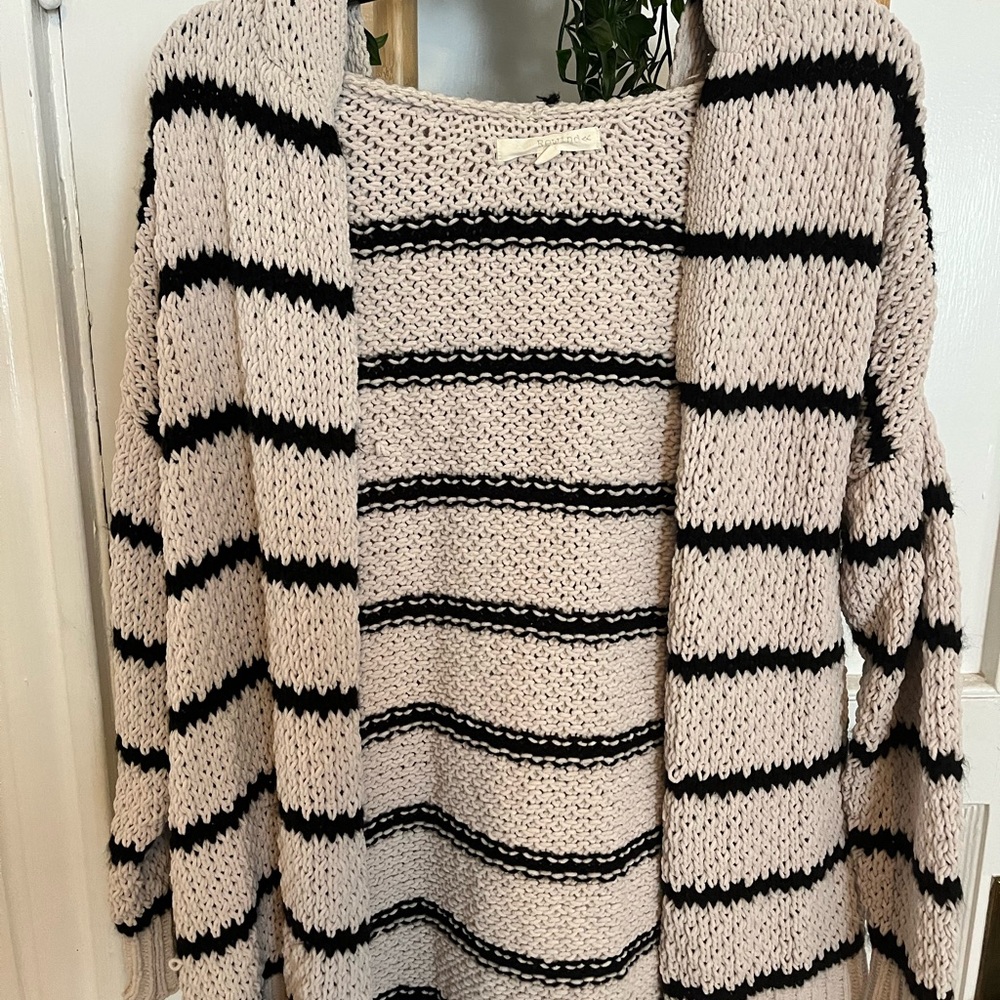 Rewind Black and Cream Striped Cardigan Sweater w/ Hood